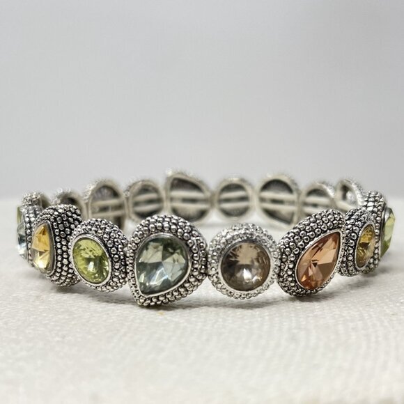 Napier Silver-Tone Stretch Bracelet With Multi-Color Teardrop Glass Accents - Picture 1 of 11